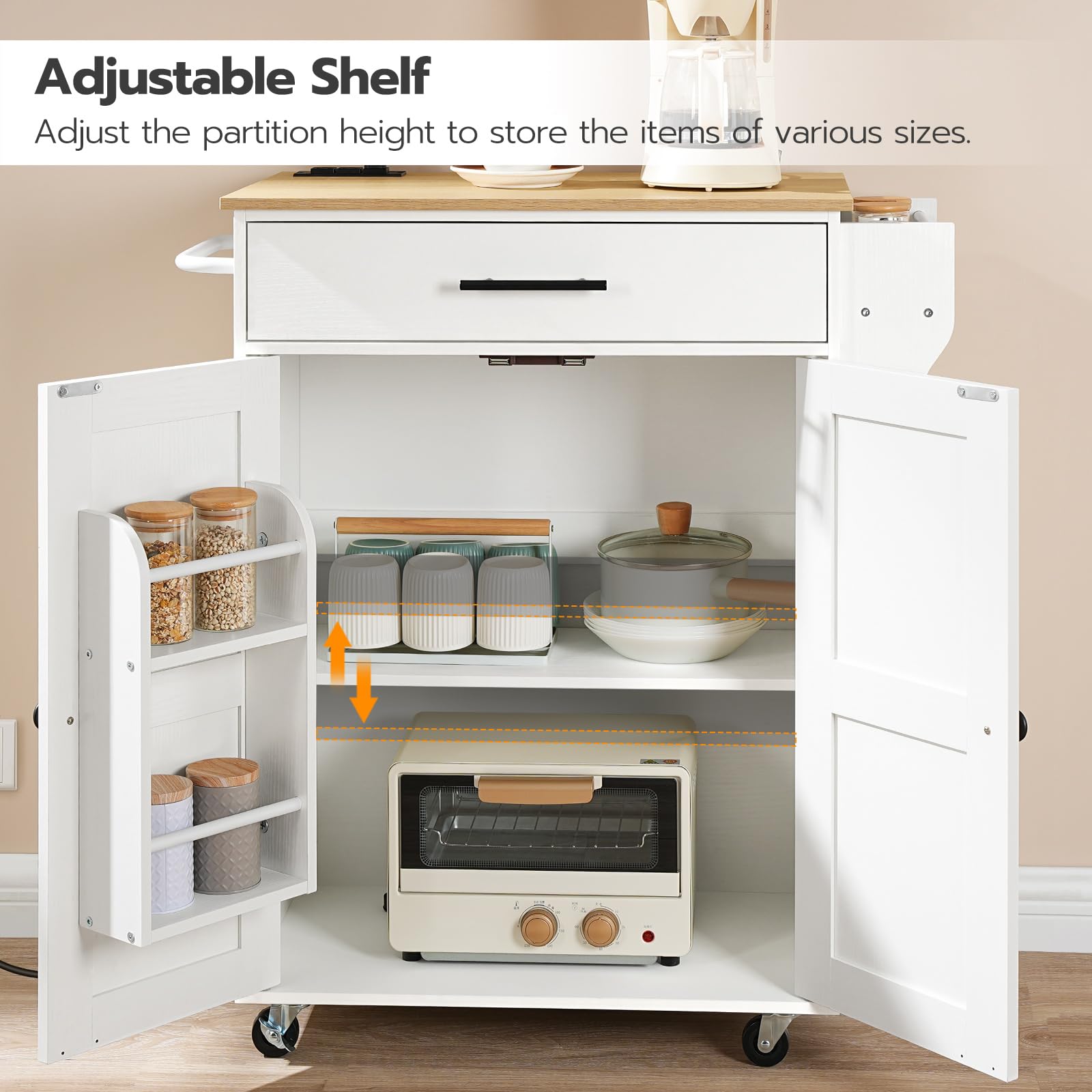 HOOBRO Kitchen Island with Power Outlet, Rolling Kitchen Island with Large Worktop, Kitchen Island Cart with Spice Rack and Drawer, Island Table for Dining Room, White and Natural WN88UZD01