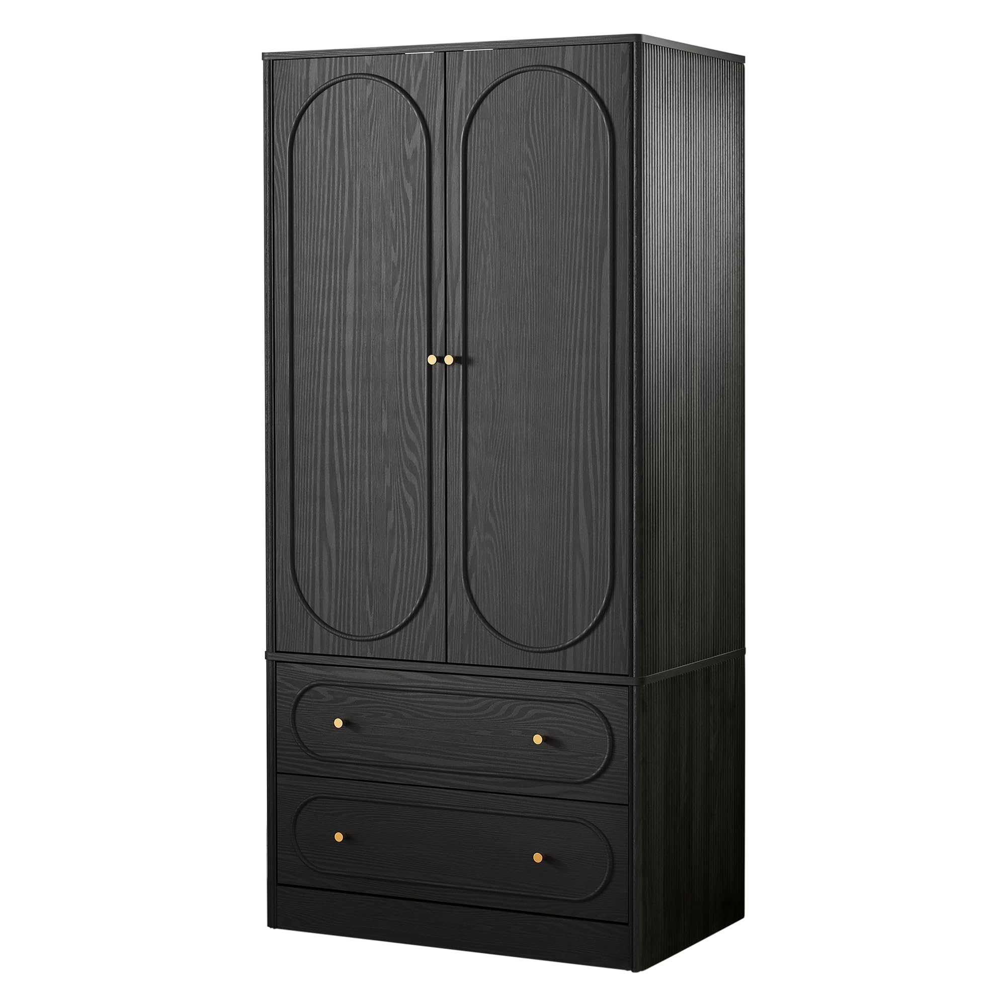 Fluted Freestanding Armoire Wardrobe Closet with 2 Doors and 2 Storage Drawers, Large Capacity Wardrobe Cabinet Set of 2, Wooden Closet for Bedroom, Living Room - Black