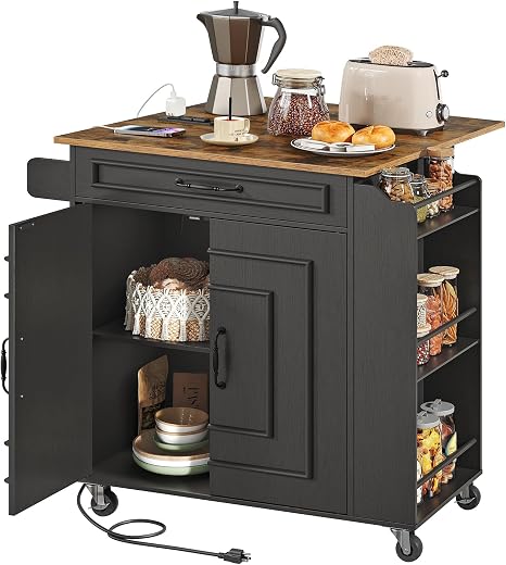 Rolling Kitchen Island with Drop Leaf & Power Outlets