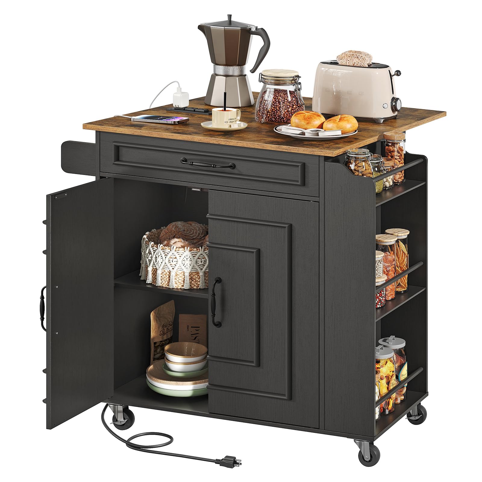 Rolling Kitchen Island with Drop Leaf & Power Outlets
