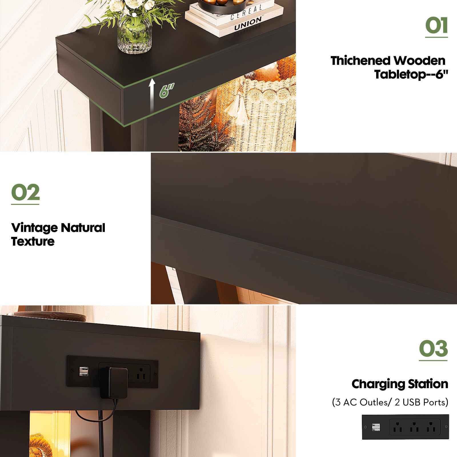 Unikito 32" Entryway Table with Socket and Sensor Light, Narrow Console Table with Storage Behind Couch, Farmhouse Entryway Table for Hallway, Behind the Couch, Living Room, Foyer