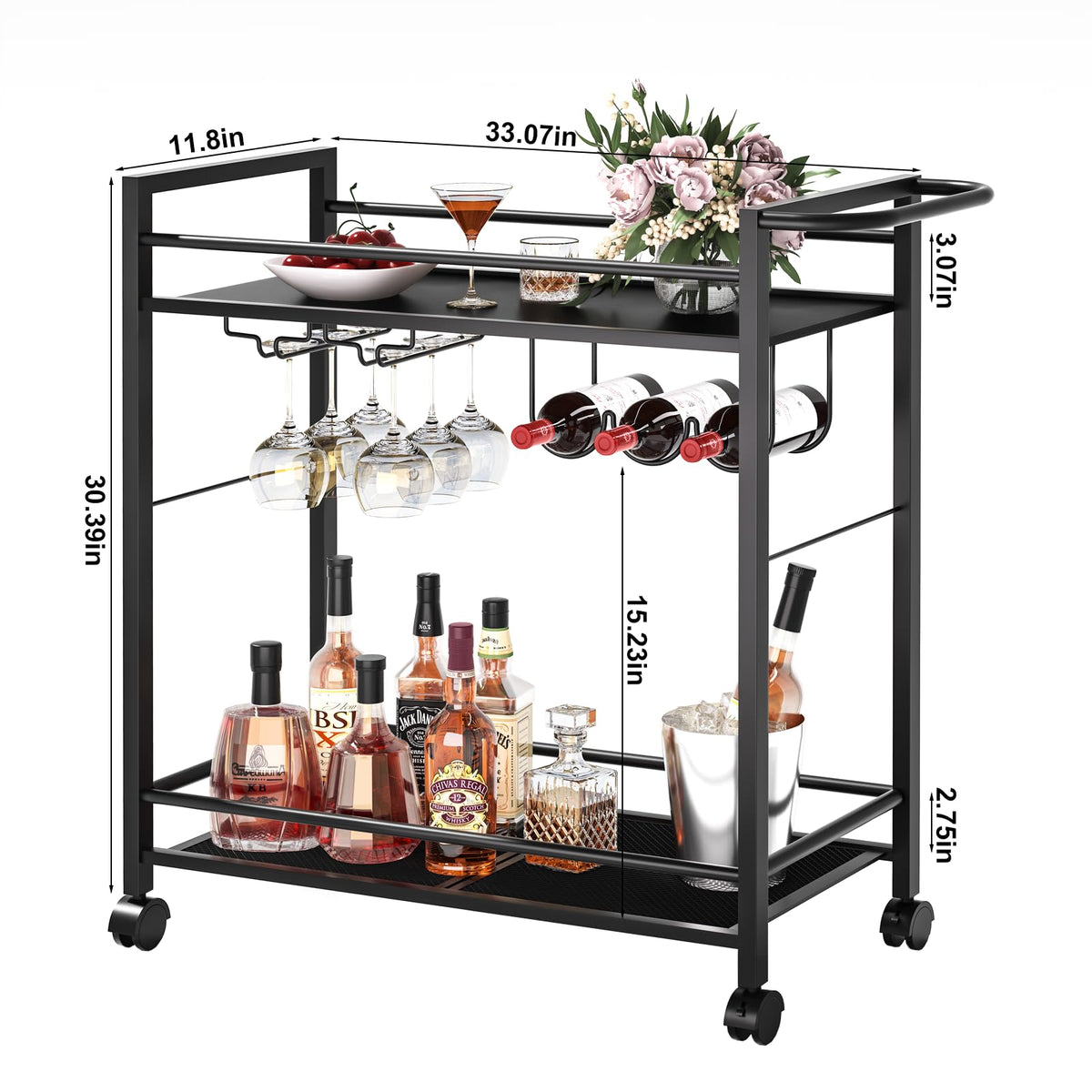Joaxswe Bar Cart w/Wheels,2 Tier Home Bar Serving Cart,Vintage Black