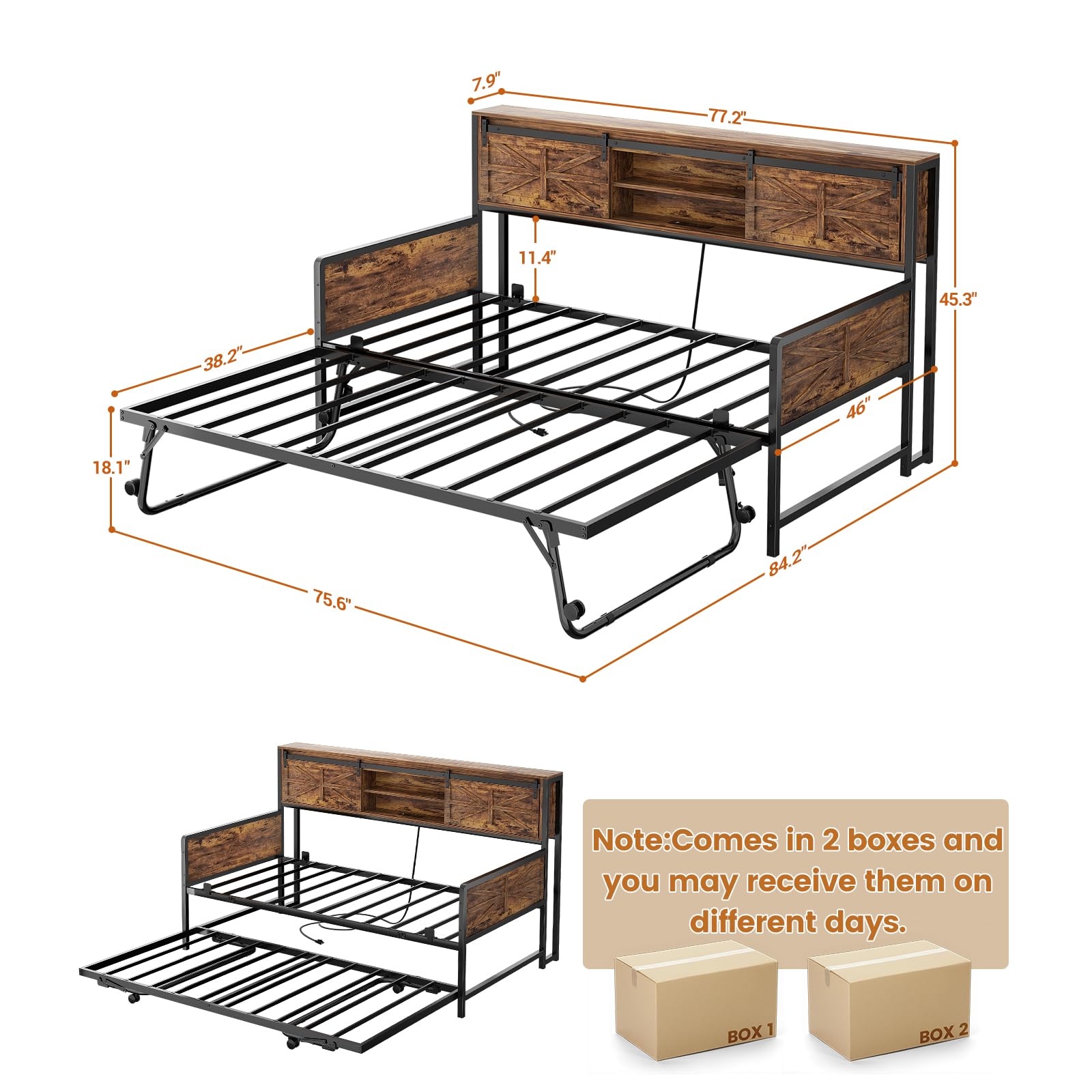 Homieasy Farmhouse Twin Daybed with Pop-Up Trundle, Metal Trundle Bed Frame with Bookcase Headboard, Charging Station & Barn Door Storage for Bedroom & Guest Room, Rustic Brown