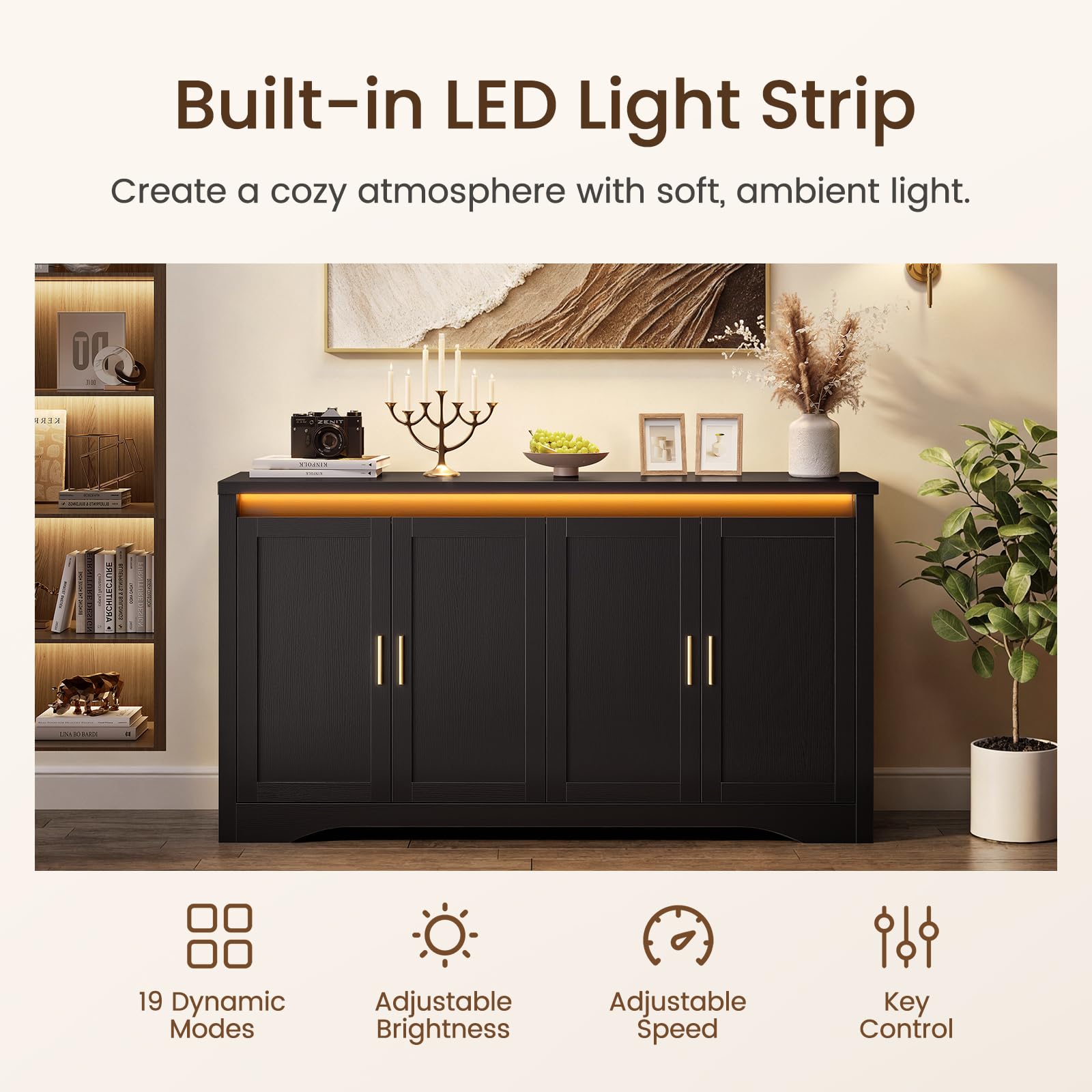60" Sideboard Buffet Cabinet with LED Light & Power Outlets