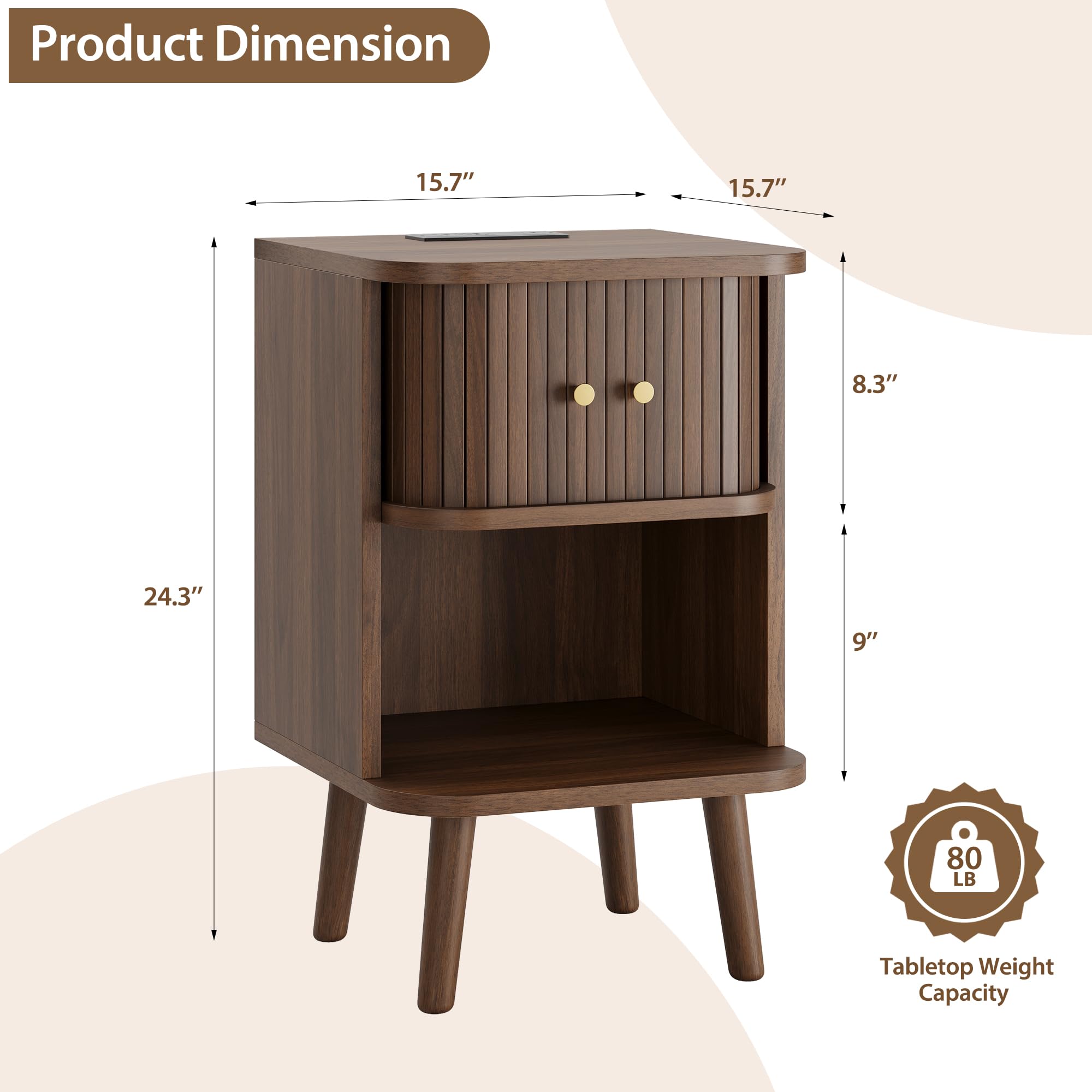 Fluted Nightstand with Charging Station & Sliding Tambour Door