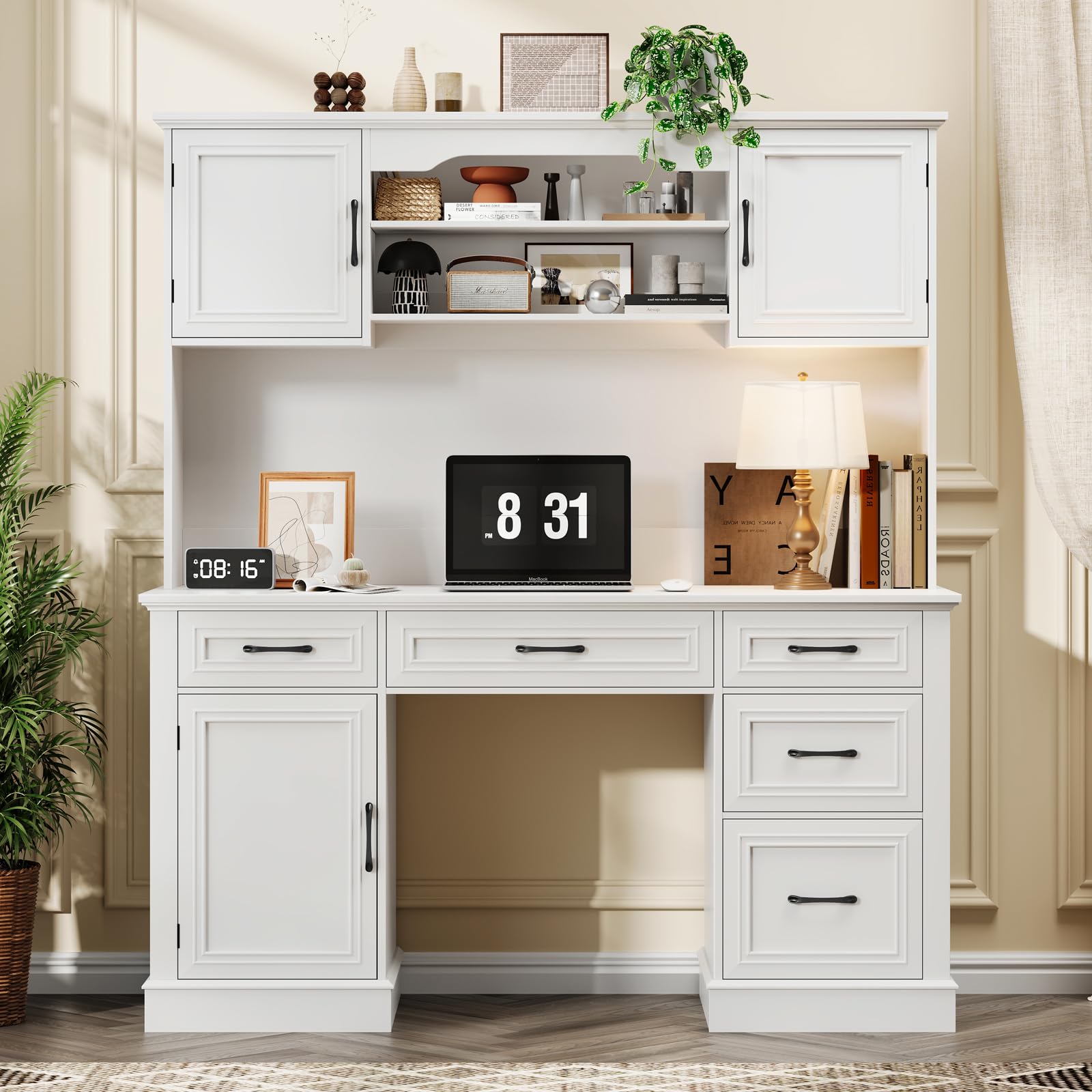 67" H Farmhouse Executive Desk with Hutch.Wood Workstation with 5 Drawers,Storage Cabinet,File Drawers and Charging Station, Ideal as Office Desk,Computer Desk for Home Office, Study. Cream White