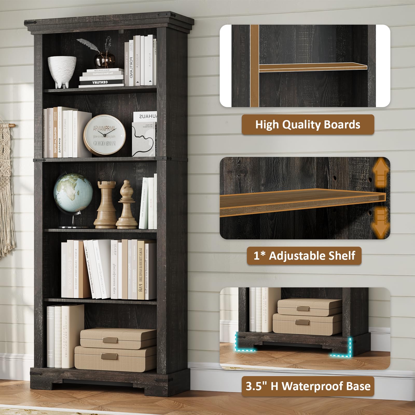 HOTLUU 5-Tier Farmhouse Bookshelf, 61.1 inch Tall Bookcase with Storage & Unique Design & One Adjustable Shelf, Wooden Bookshelf for Study Room, Living Room, Home Office, Bedroom (Black)