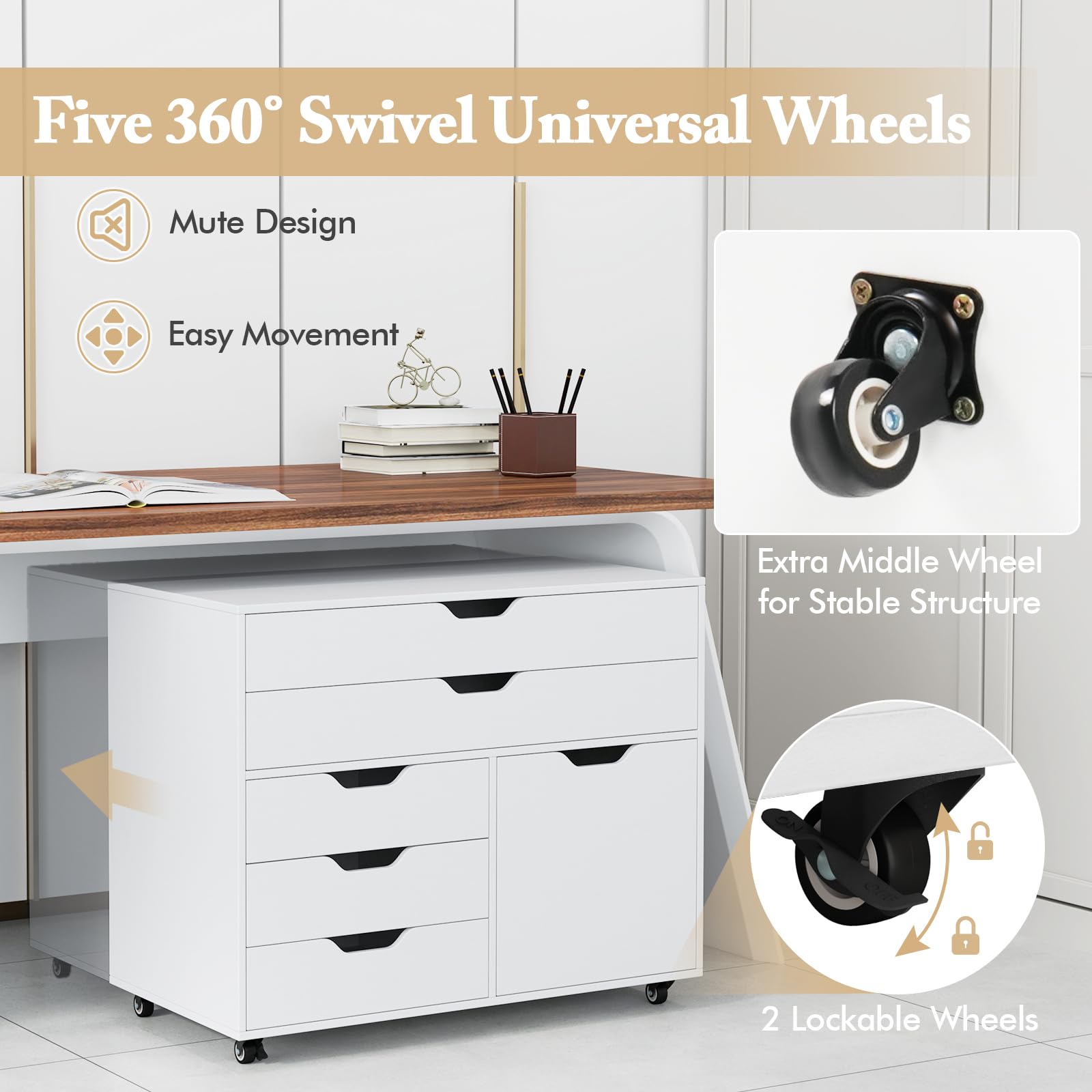 5-Drawer Mobile File Cabinet with Door & Wheels