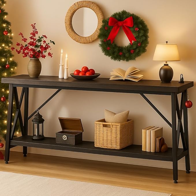 Extra Long Console Table with Charging Station & Storage Shelf