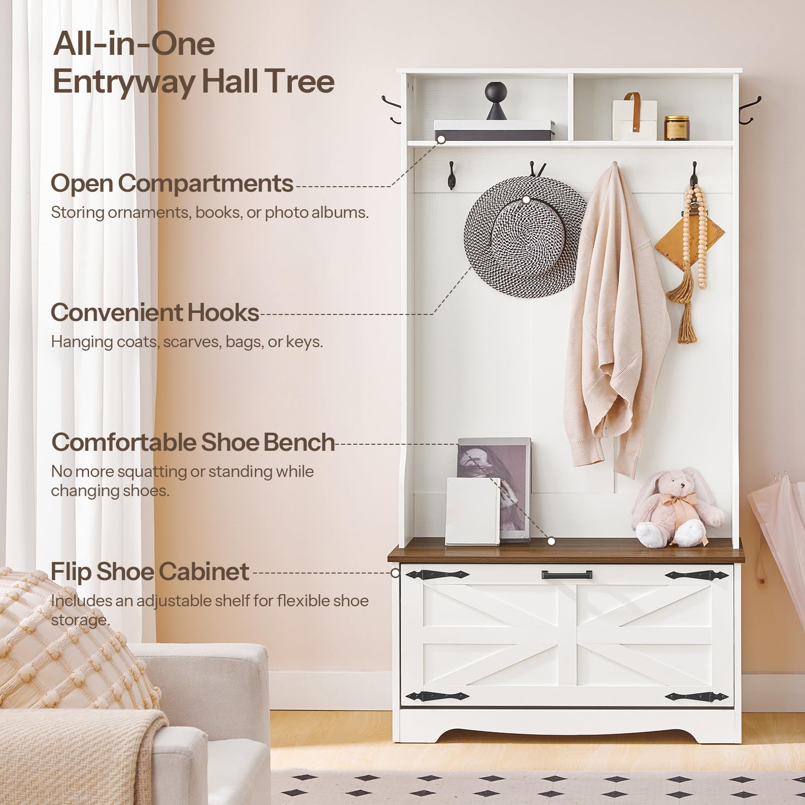 Farmhouse Hall Tree with Bench & Shoe Cabinet