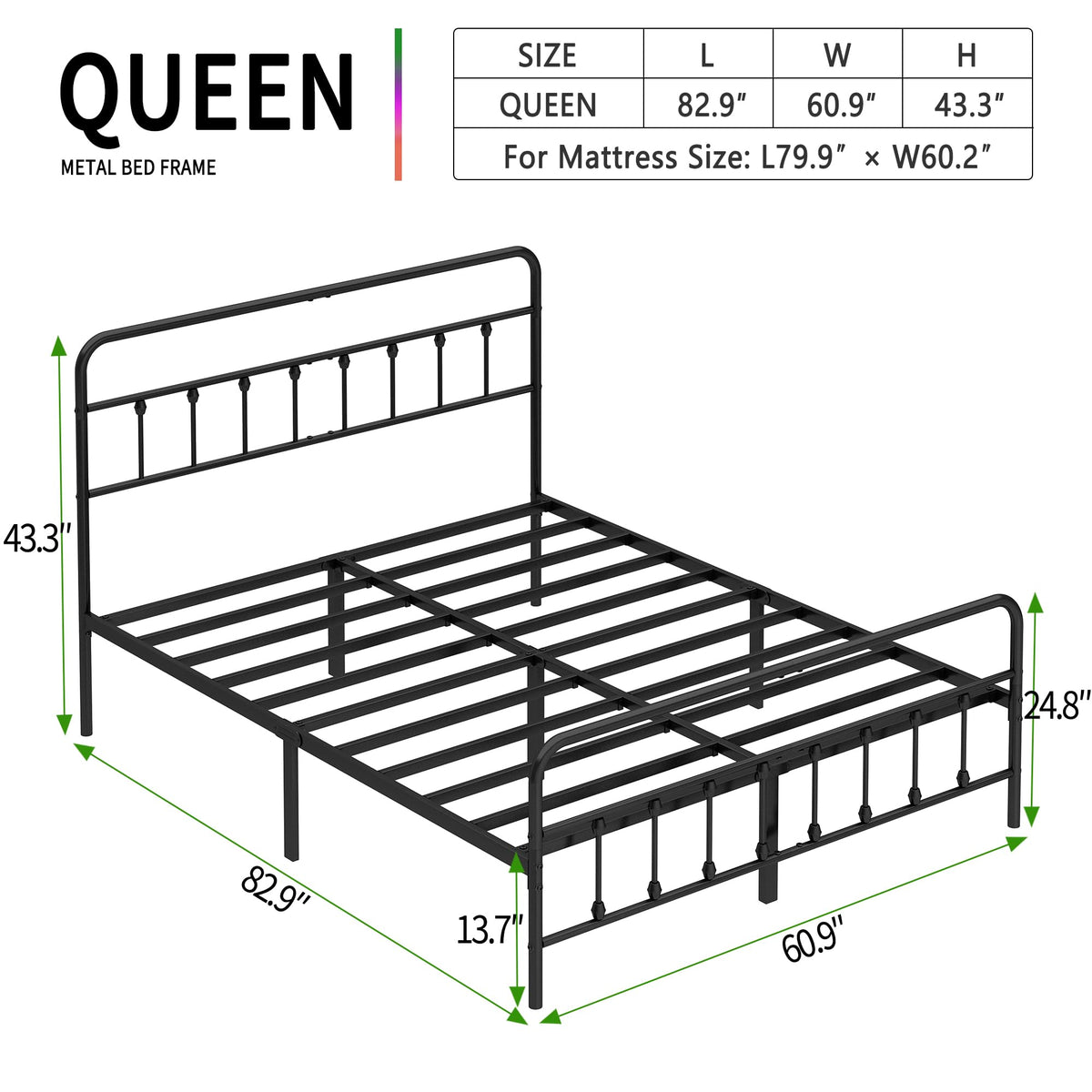 Chroark Queen Size Metal Bed Frame with Headboard and Footboard,Black