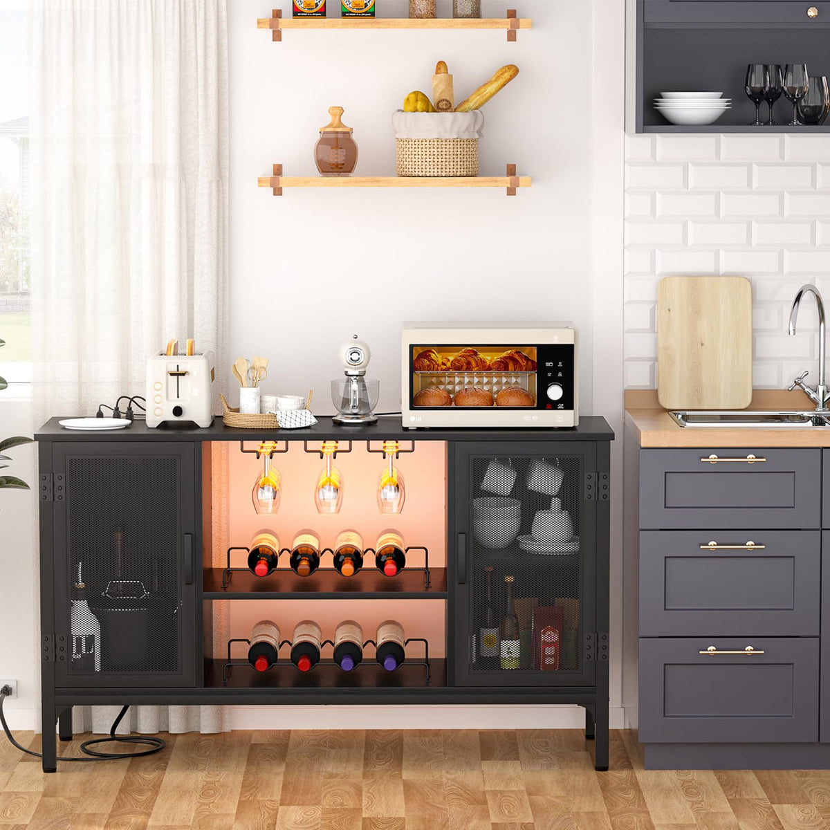Homieasy Wine Bar Cabinet with Power Outlets & LED Lights, Black