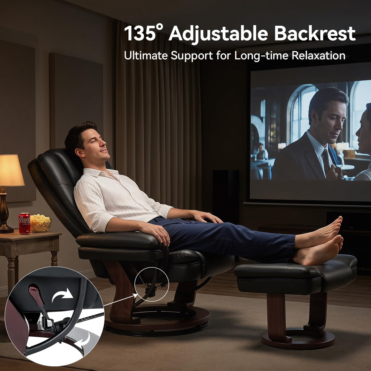 Swivel Recliner Chair with Ottoman, Adjustable PU Leather Recliner, Black