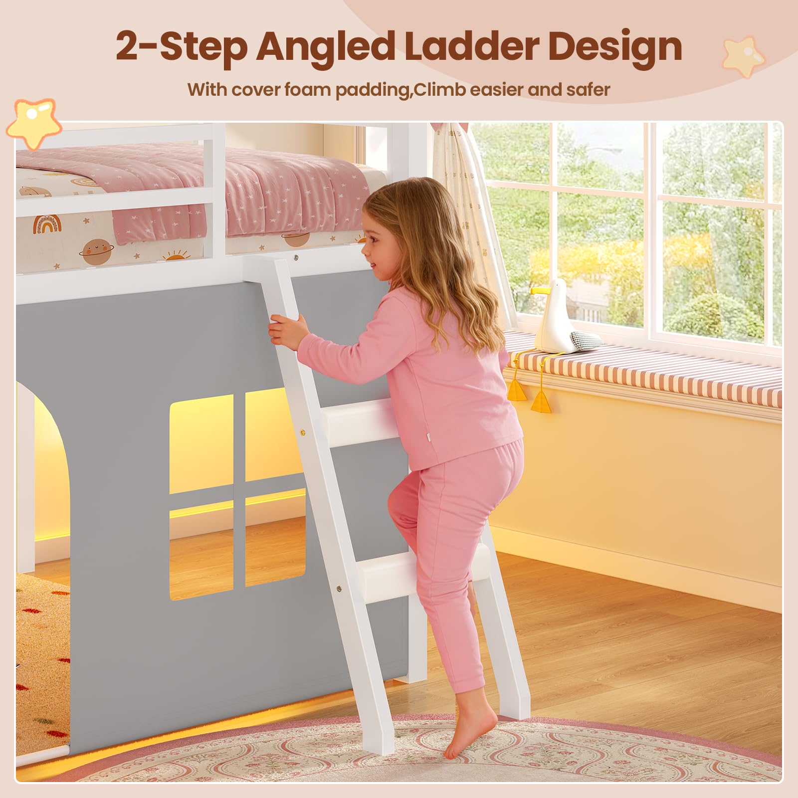 ADORNEVE Low Loft Bed Twin Size with Tent, 5 Storage Drawers, LED Lights, Metal Kids Loft Bed with Bookcase & Under-Bed Play Space,Twin Loft Beds with 13.8''H Safety Guardrail,Inclined Ladder, White