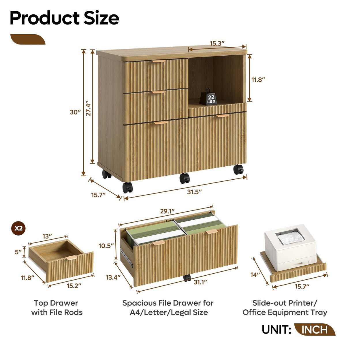 Fluted 3-Drawer Filing Cabinet
