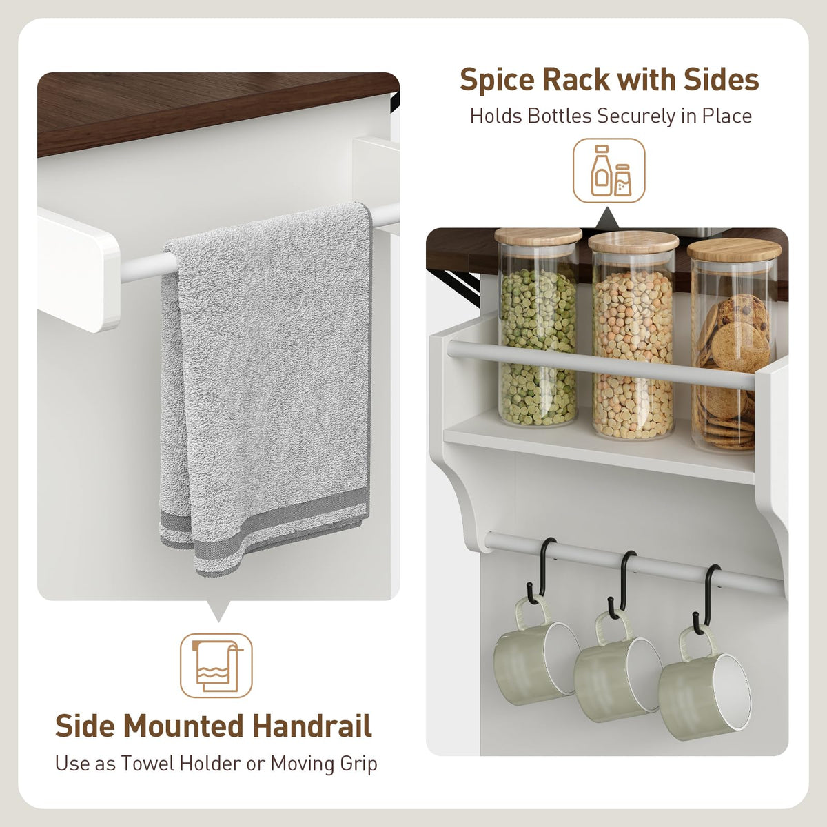 RALGEND Rolling Kitchen Island Cart with Drop Leaf & Power Outlet, Mobile Kitchen Island on Wheels, Island Table with Storage Cabinet, Microwave Shelf & Wine Rack for Kitchen, White and Walnut
