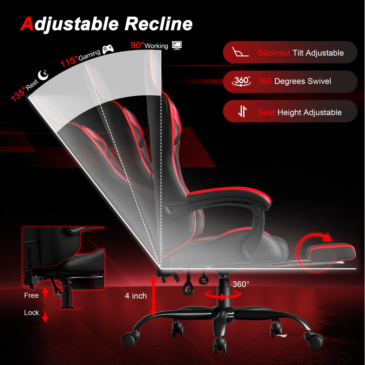 Red Gaming Chair with Footrest