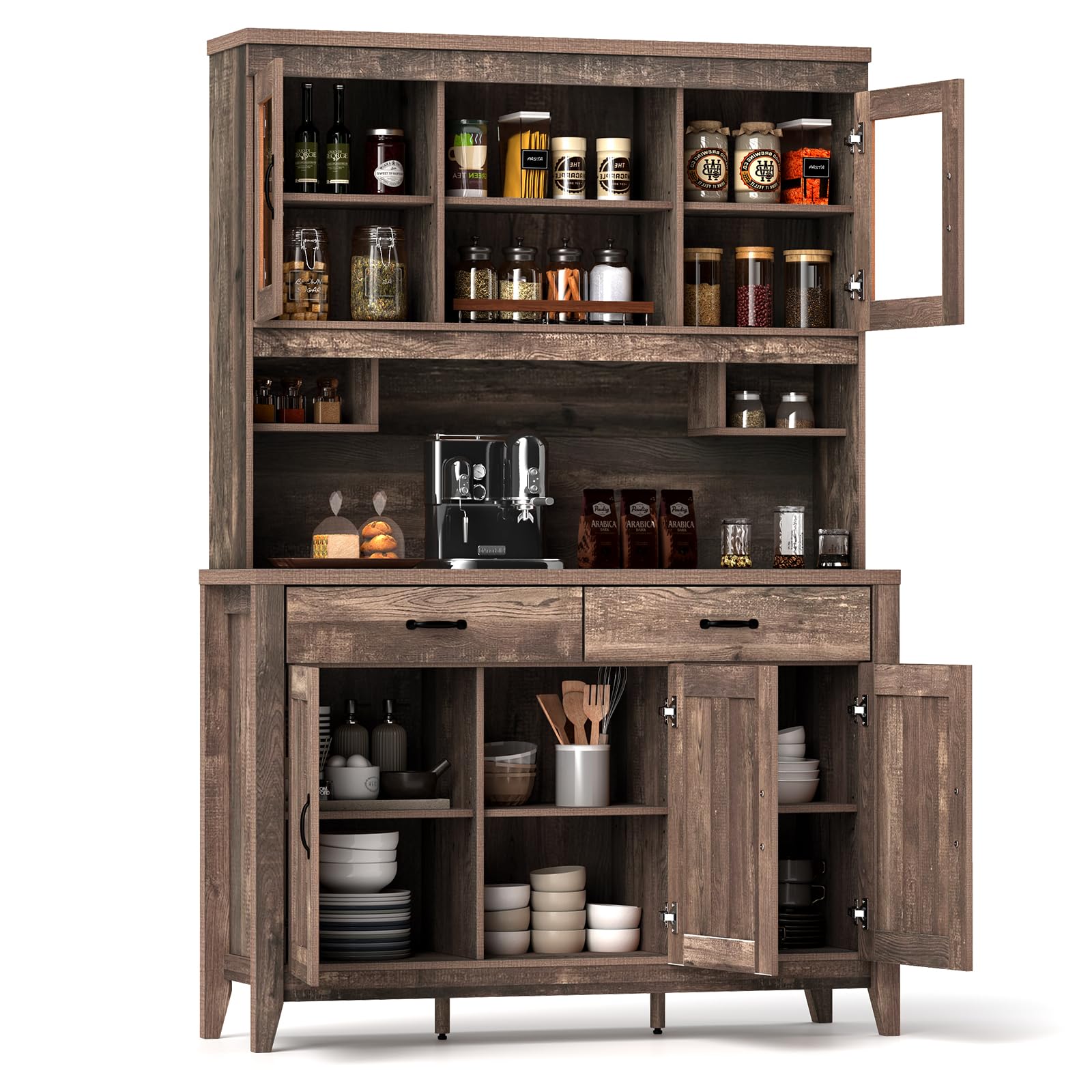 Tall Kitchen Hutch Storage Cabinet with Glass Doors & Microwave Shelf