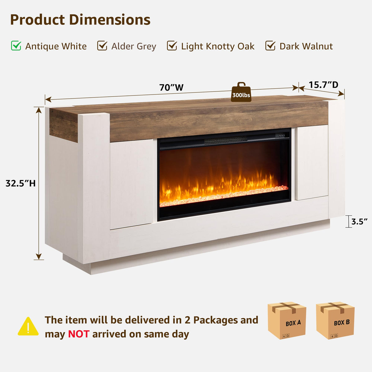 OKD 70" Fireplace TV Stand for 80" TV, Thick Block Media Console, White