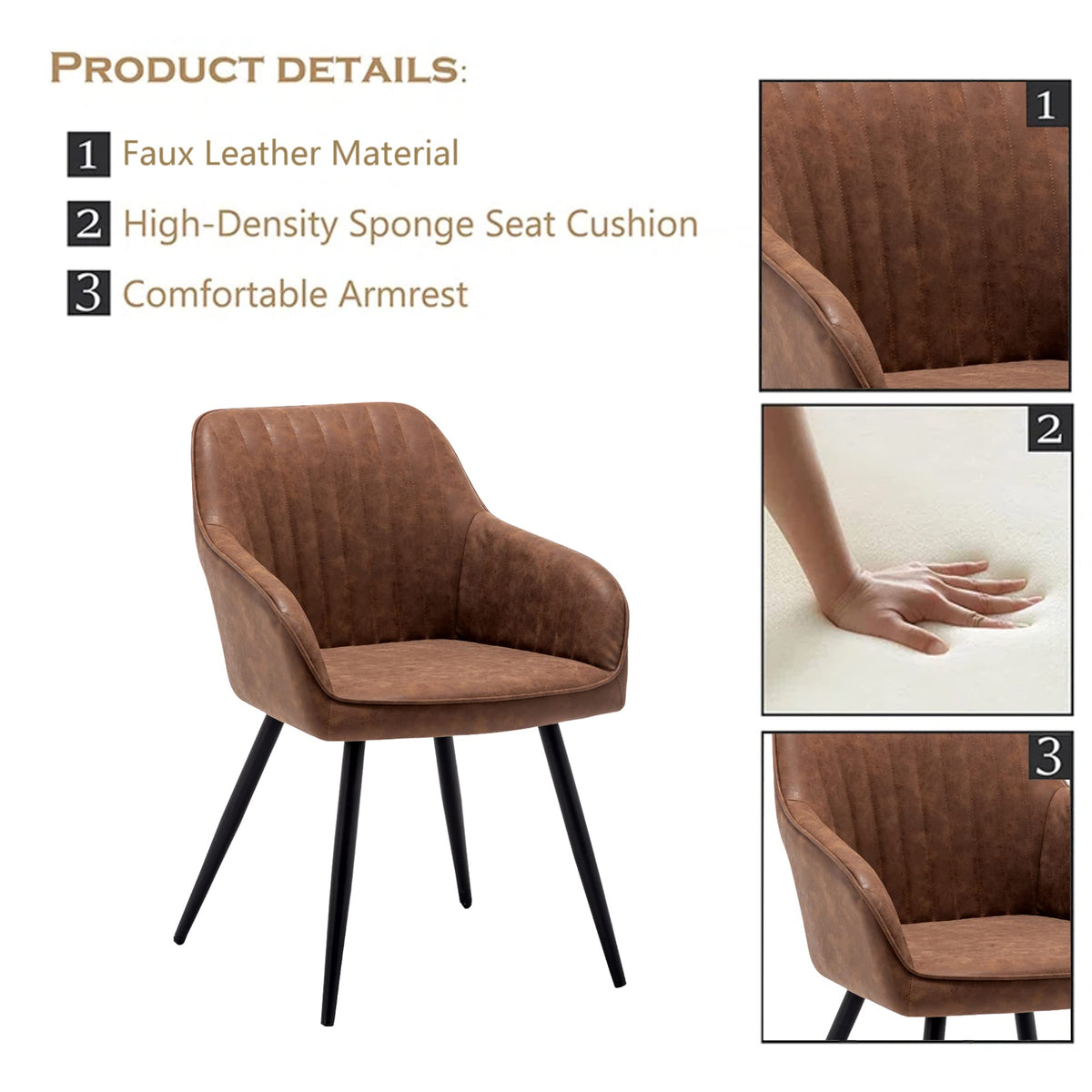 Faux Leather Accent Chair Set of 2 Upholstered Living Room Chairs Brown