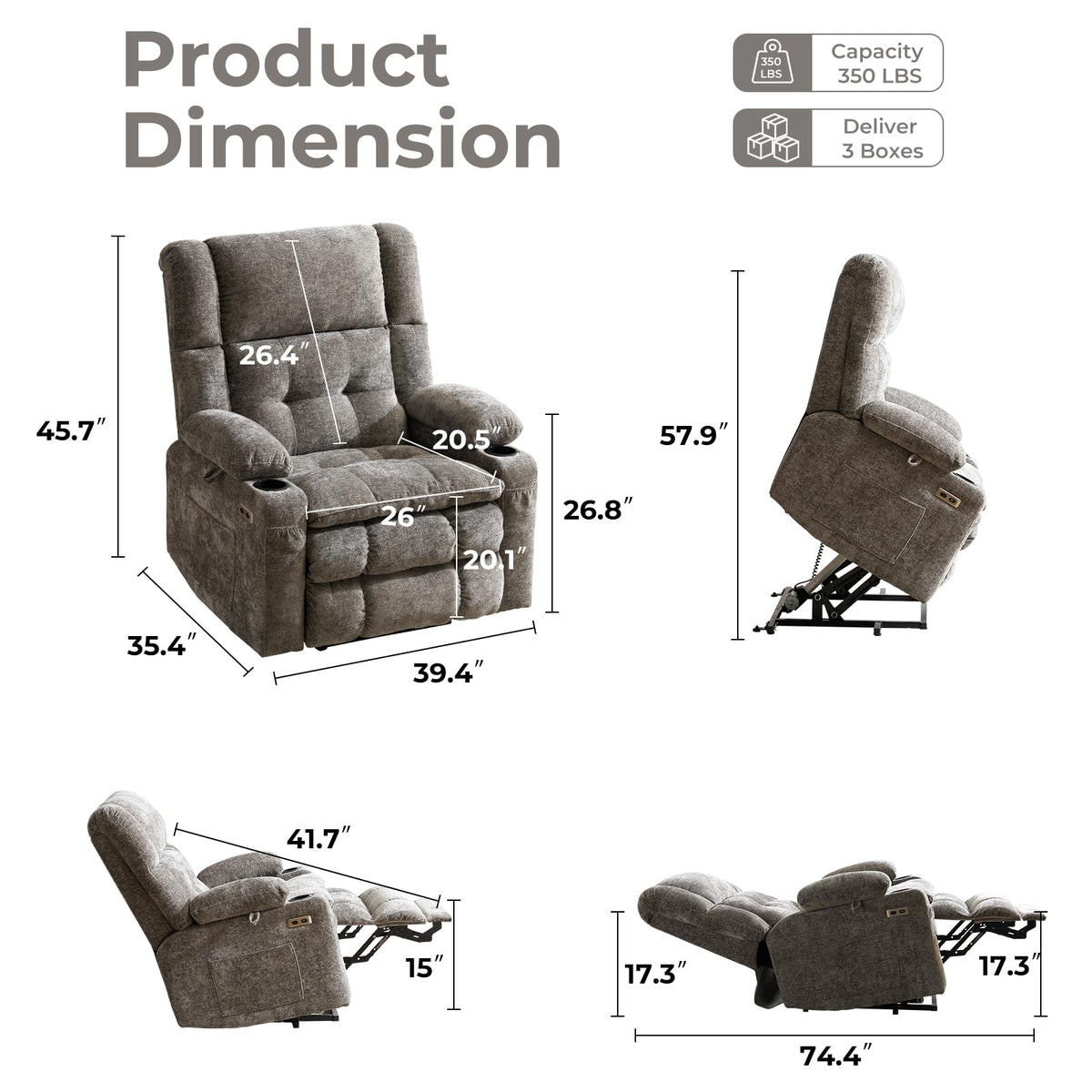 Dual Motor Power Lift Recliner for Elderly with Massage and Heat, Gray