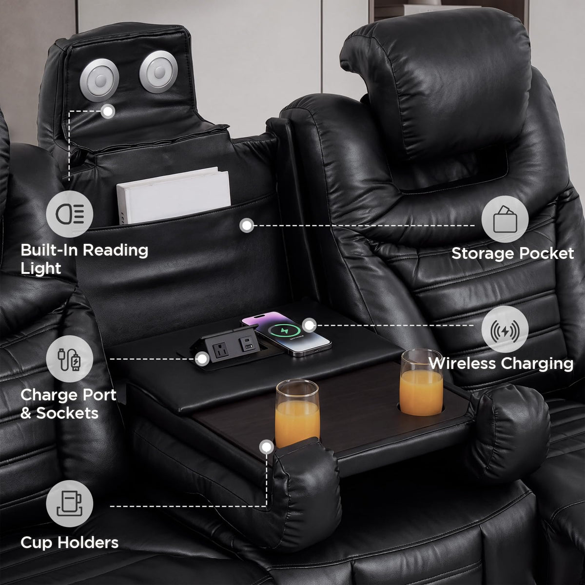 URRED Home Theater Seating Breathable Leather Power Recliner Sofa，Black