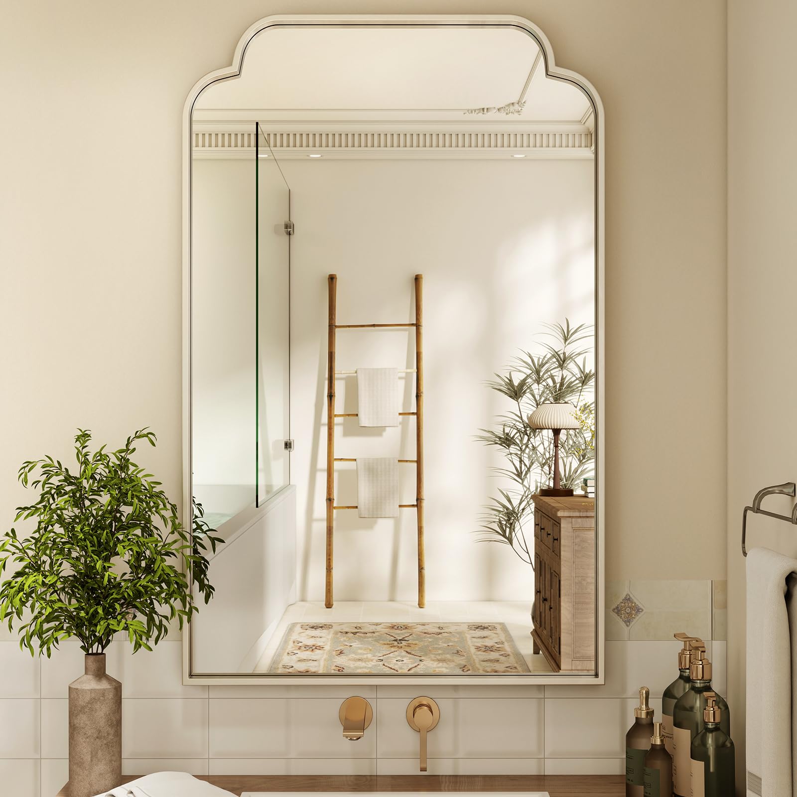XRAMFY 30" x 48" Silver Arch Bathroom Mirror, Wall Mounted Vanity Mirror with Metal Frame, Modern Decorative Scalloped Wall Mirror for Sink, Bedroom, Living Room, Entry, Farmhouse Home