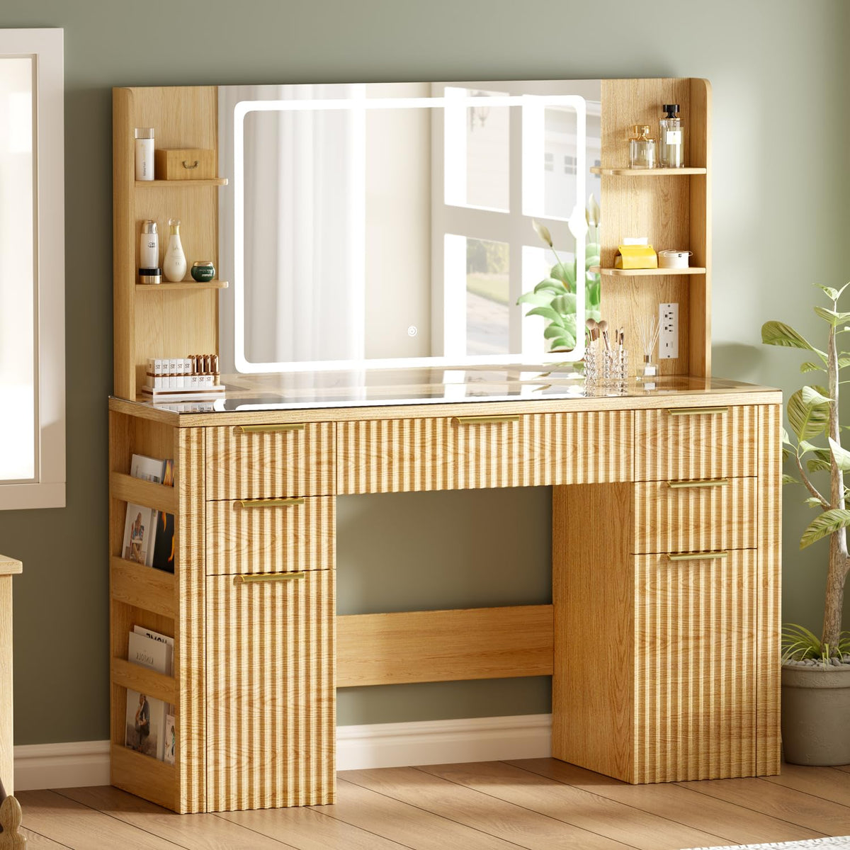 Fluted Makeup Vanity with Lighted Mirror