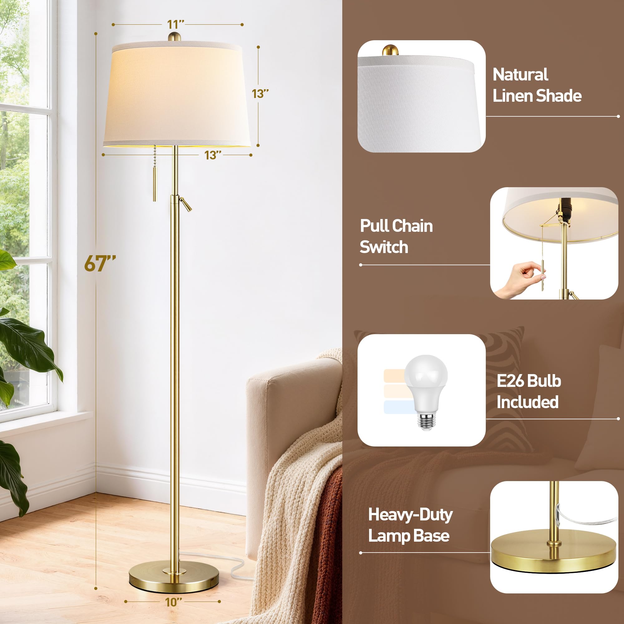 Gold Floor Lamp for Living Room, Modern Standing Lamp 55-67" Height Adjustable Brass Tall Floor Lamp with Pull Chain Switch and 3 CCT LED Blub for Living Room, Bedroom, Office & Corner Reading