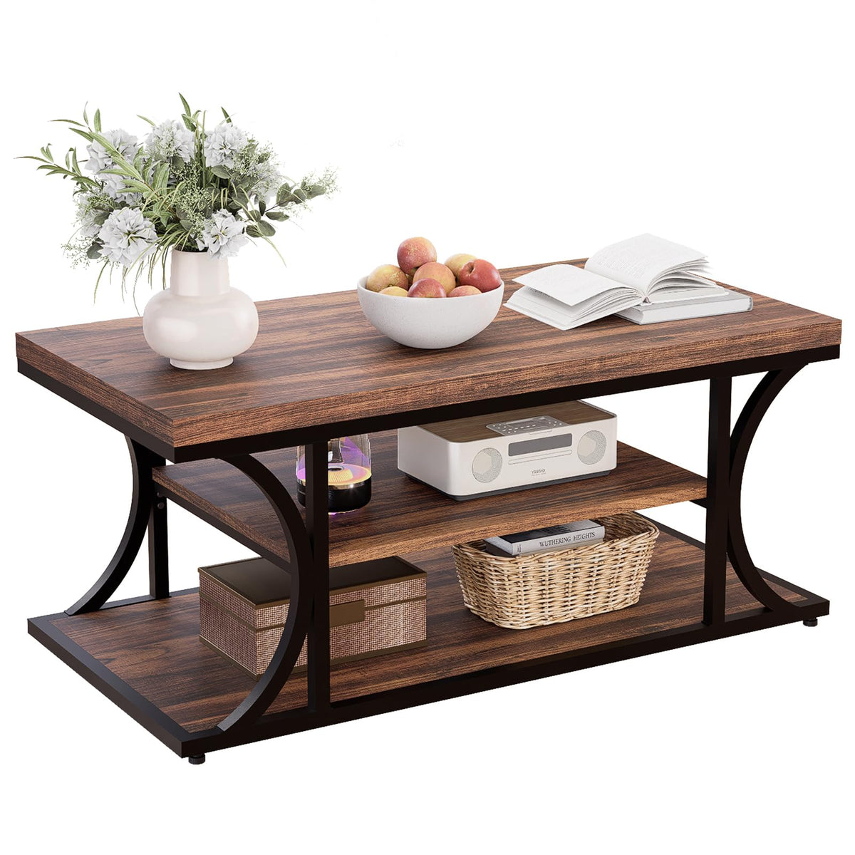 FUXJUM Coffee Table with Storage, 3-Tier Farmhouse Living Room Table