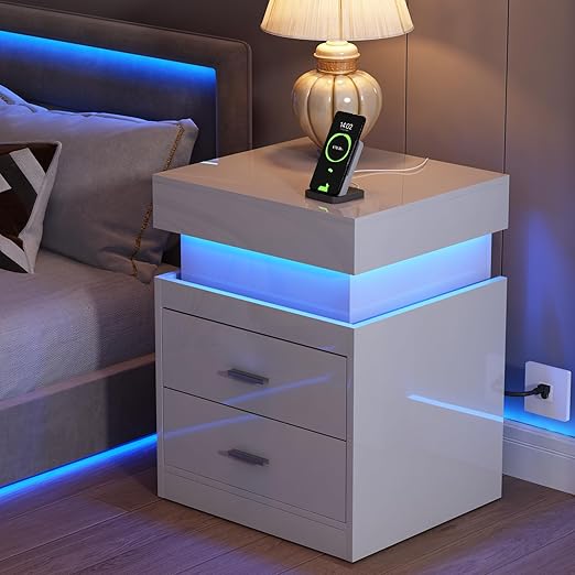 LED Nightstand with Charging Station & 2 Drawers