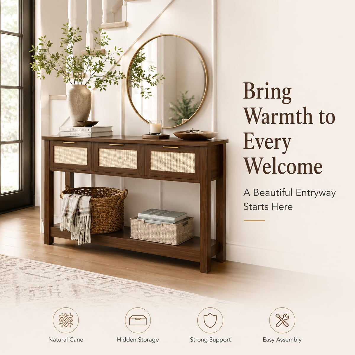 Rattan Console Table with 3 Drawers