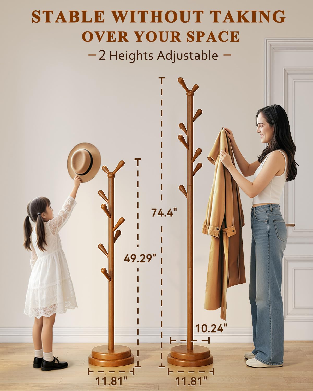 Freestanding Coat Rack with 8 Hooks, Adjustable Height