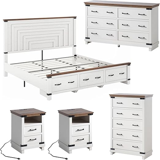 5-Piece Farmhouse Bedroom Set with Storage & Charging