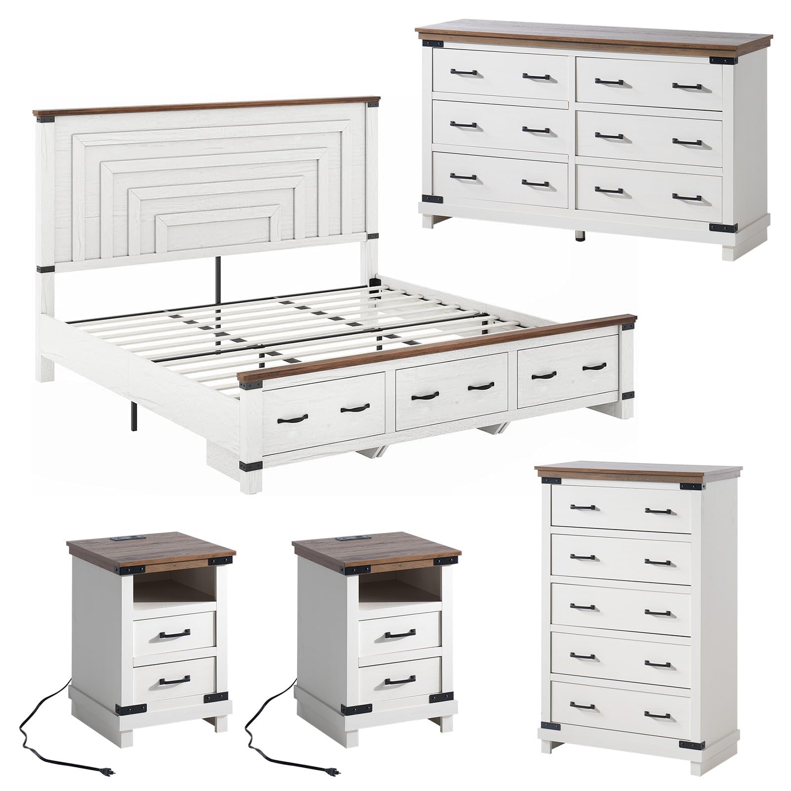 5-Piece Farmhouse Bedroom Set with Charging Nightstands