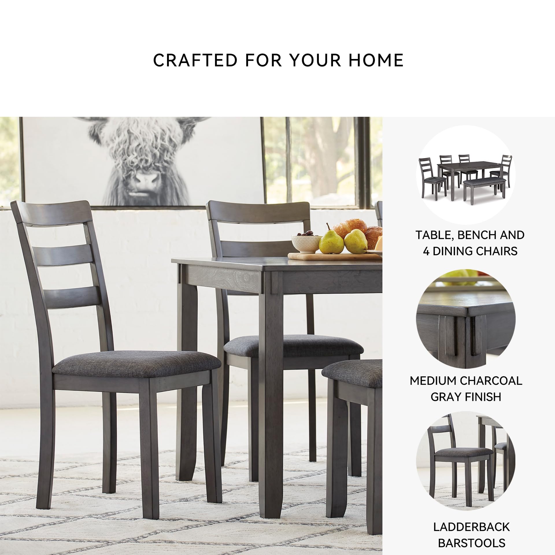 Signature Design by Ashley Bridson Dining Table Set For 6 With Bench, Wood 6‑Piece Kitchen Table And Chairs With Upholstered Seats, Transitional Charcoal Gray Dining Room Collection For Family Meals