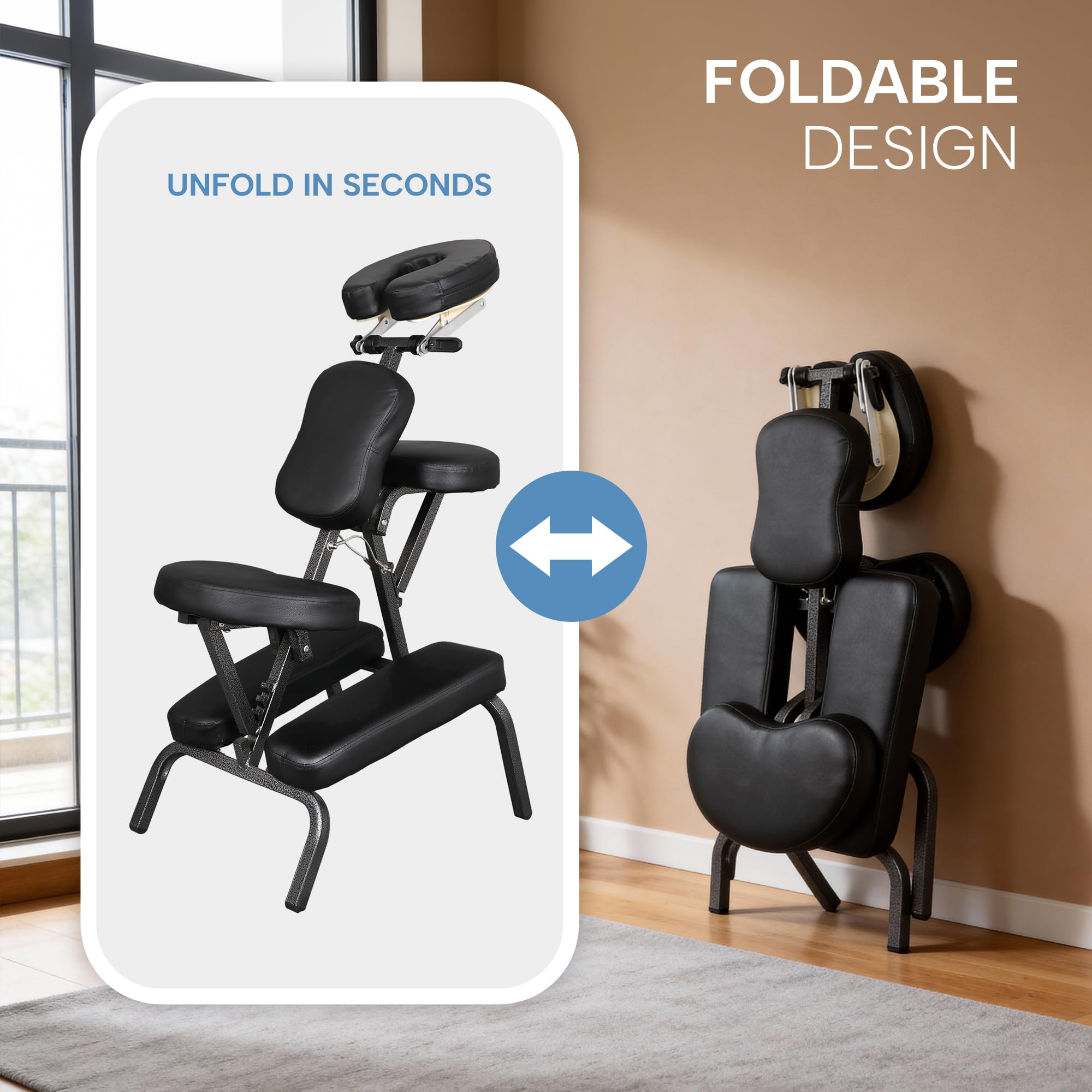 ZENY Portable Massage Chair, Tattoo Spa Therapy Chair, Adjustable, Black, PU Leather, Aluminum, Modern Style, 23"L x 18"W x 42"H, 250 Lbs Weight Capacity, Relaxing