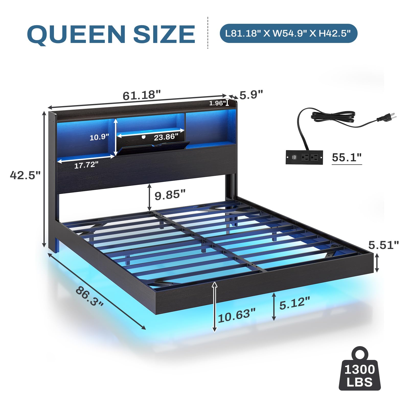 DICTAC Queen Floating Bed Frame with LED Lights and Storage Headboard, Visual Floating Bed with Charing Station, Queen Size Metal Platform Bed with Stable Structure, No Box Spring Need, Easy Assembly