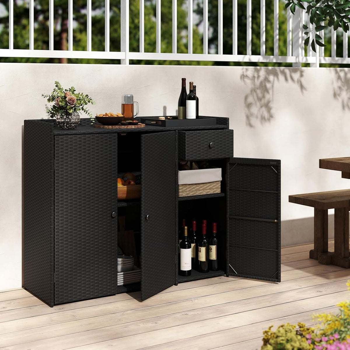 LDAILY Outdoor Rattan Storage Cabinet with Adjustable Shelves, 48-Inch