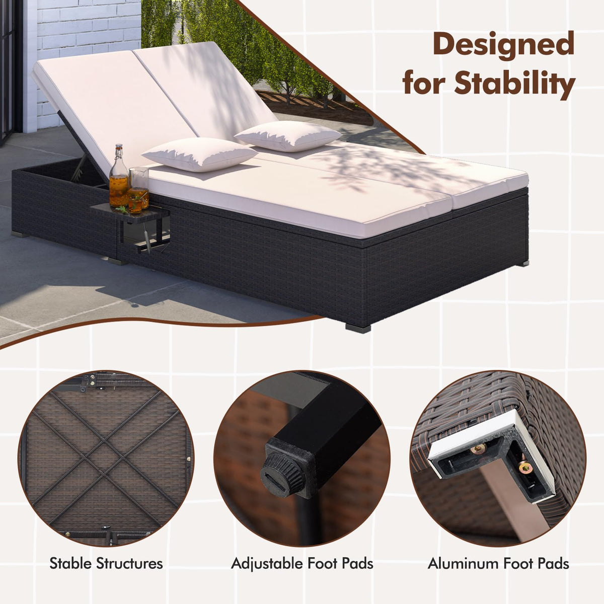 RELAX4LIFE Rattan Outdoor Patio Daybed - Wicker Double Chaise Lounge Chair w/6-Position Backrest, 2 Folding Side Trays, Cushions, Recliner Loveseat Sunbed for Backyard Pool, 2-Seater Patio Bed Lounger
