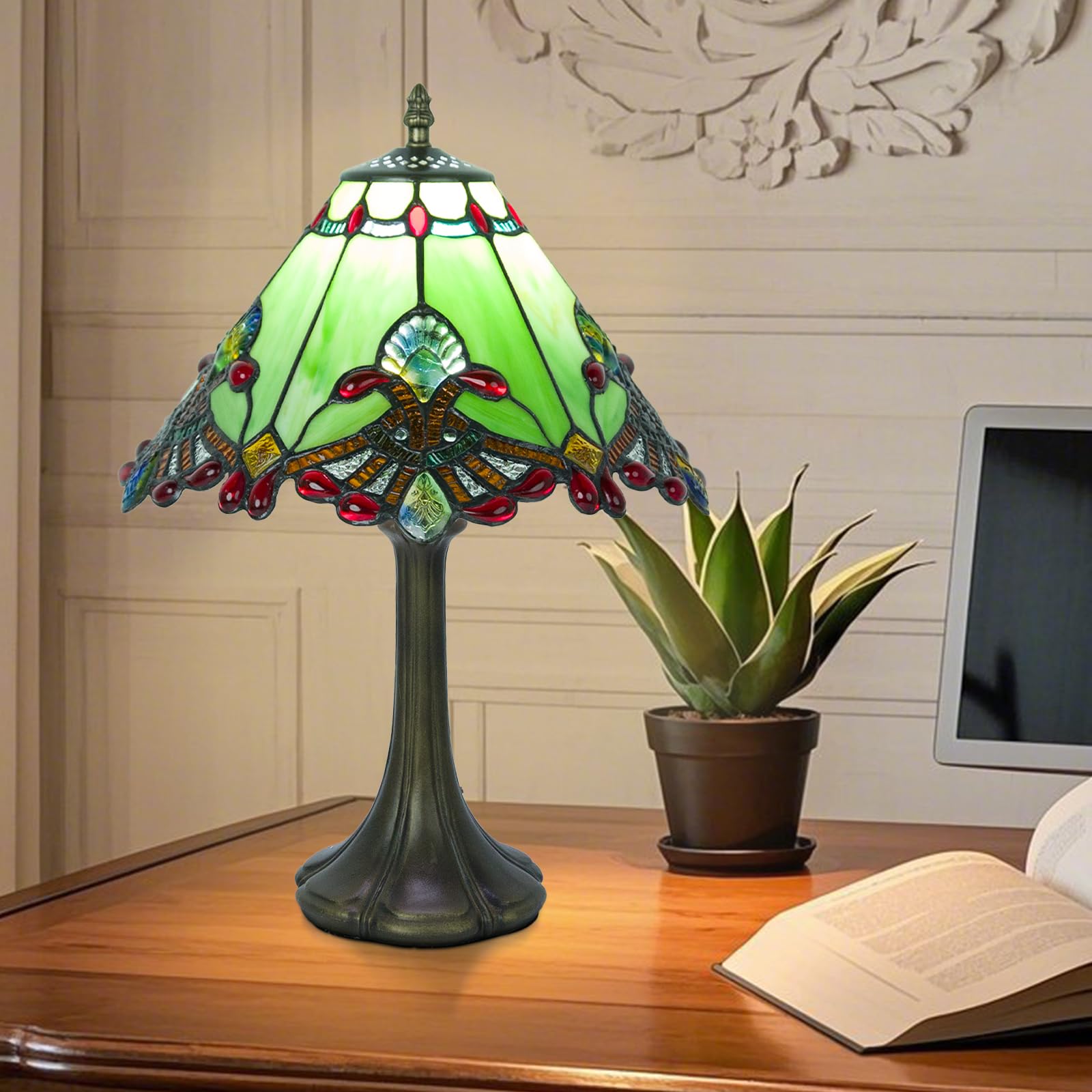 JHuiLap 12 Inch Tiffany Style Table Lamp, Baroque Stained Glass Lamp with Remote Control, Stepless Dimmable & 3 Color Temperatures, Desk Lamps for Bedroom Farmhouse Bedside Nightstand Bedside（Green