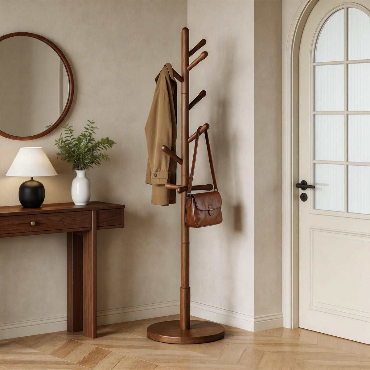 Vcalnil Solid Wood Coat Rack Freestanding with 9 Hooks - Wooden Coat Rack Stand for Entryway, Bedroom, Living Room, Hallway for Coats, Handbags, Hat (Walnut)