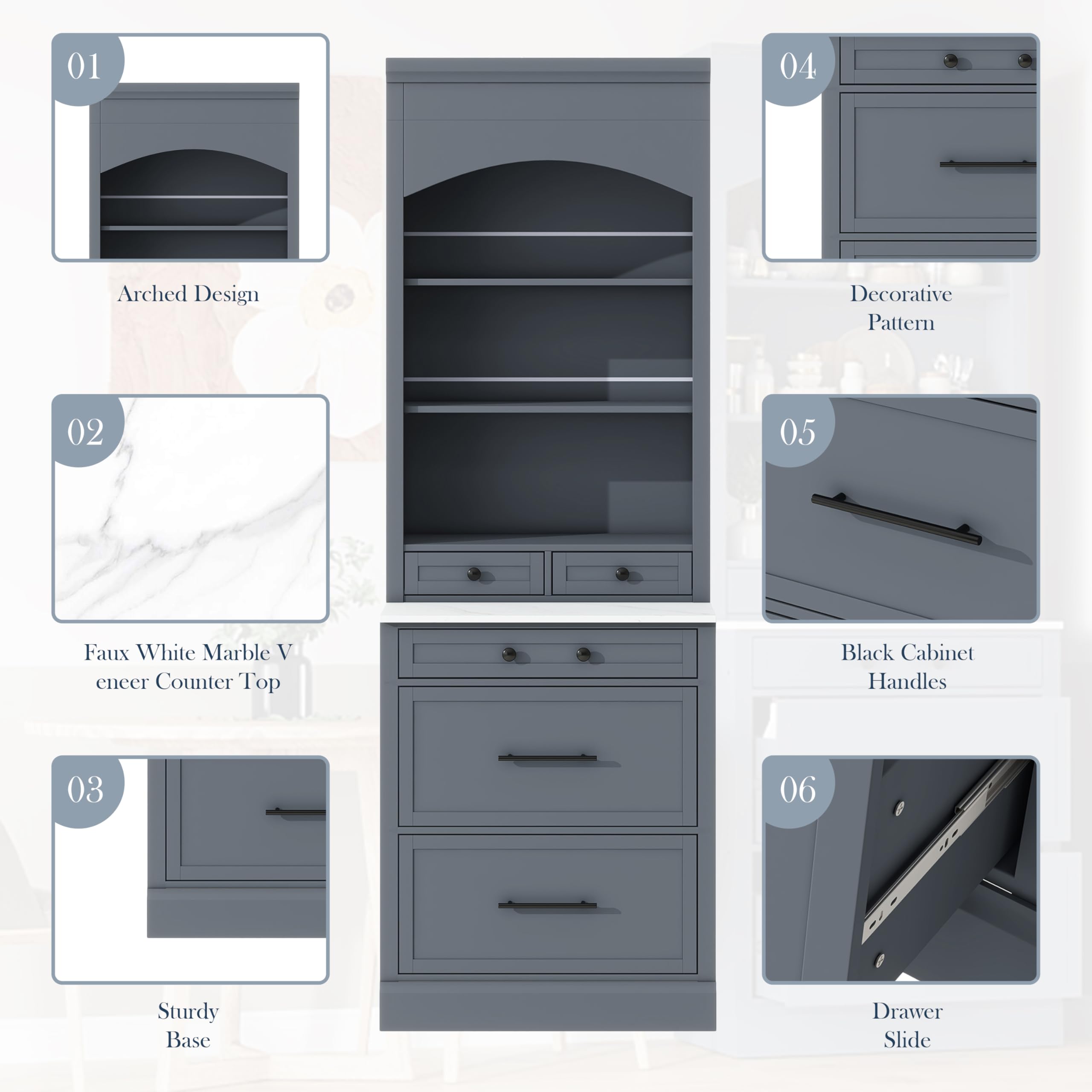 Merax Modern 83.7inch Freestanding Kitchen Hutch with Faux Marble Top, Kitchen Pantry with 5 Storage Drawers and Adjustable Shelf, Set of 2, Gray