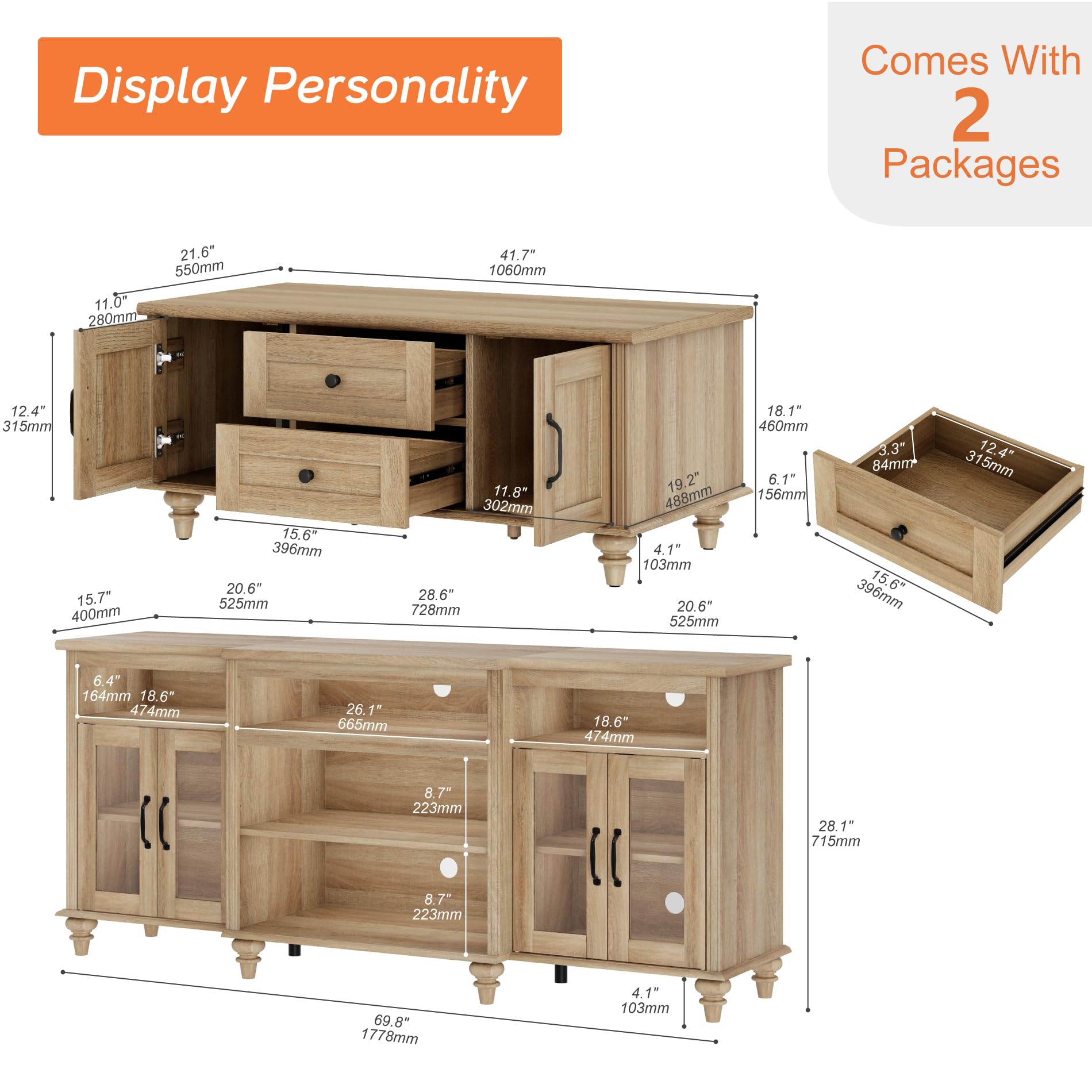 WAMPAT Farmhouse TV Stand and Coffee Table Set of 2, Wooden Television Stand for 75 Inch TV, Rectangle Center Tables with Storage Cabinet, 2 Piece Living Room Table Set, Oak