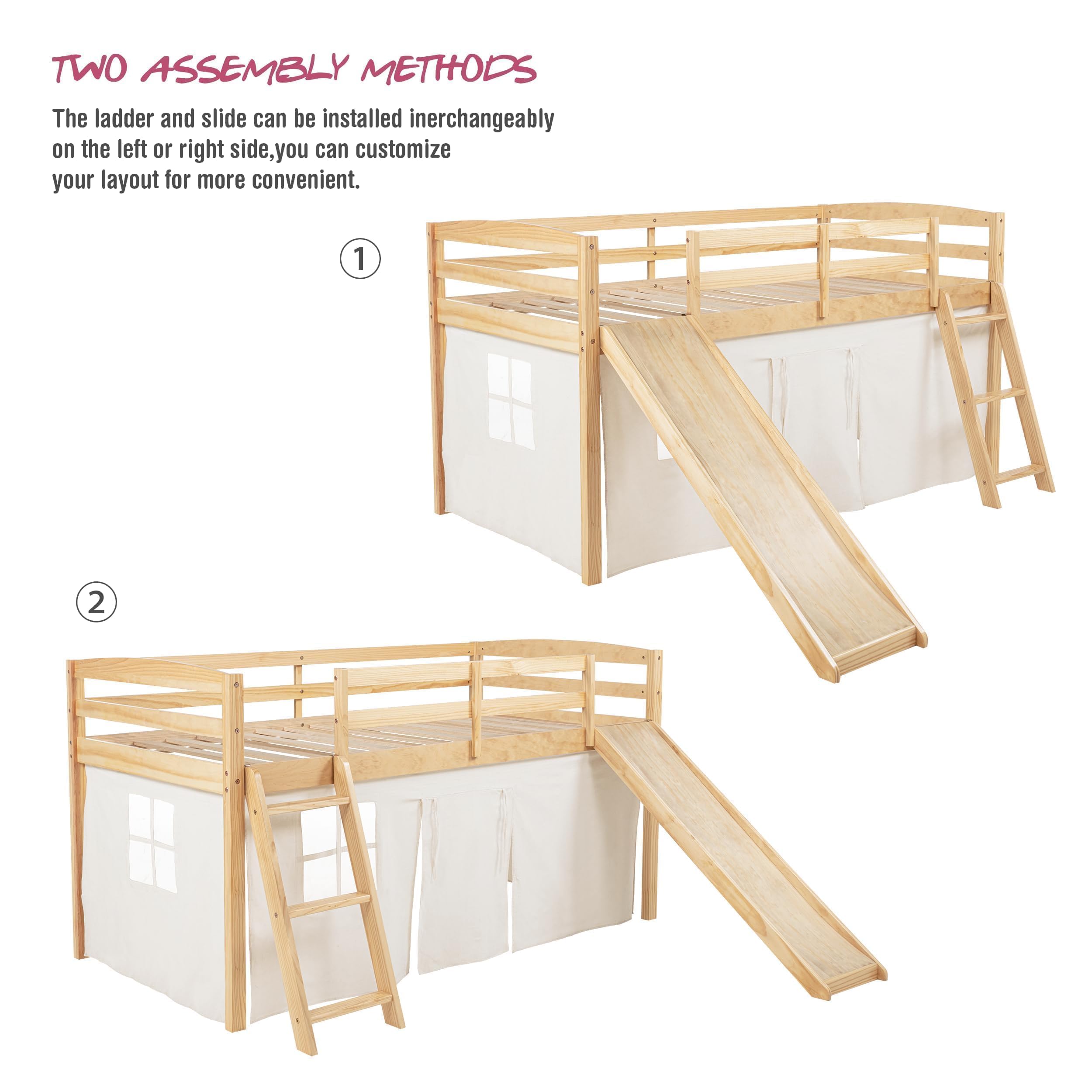 Kids Loft Bed with Slide & Tent