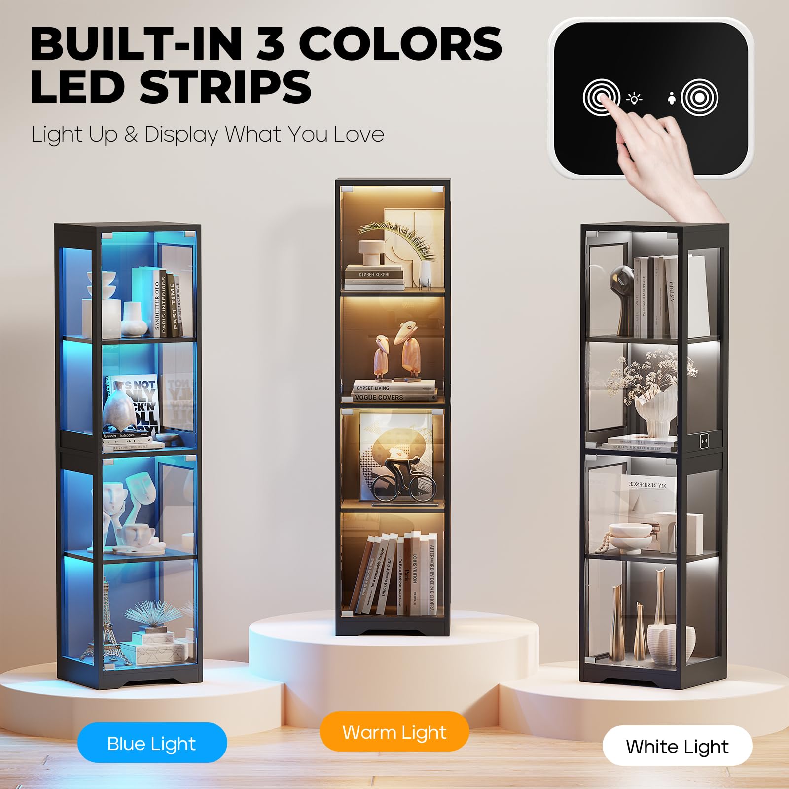 4-Tier Glass Display Cabinet with 3-Color LED Lights