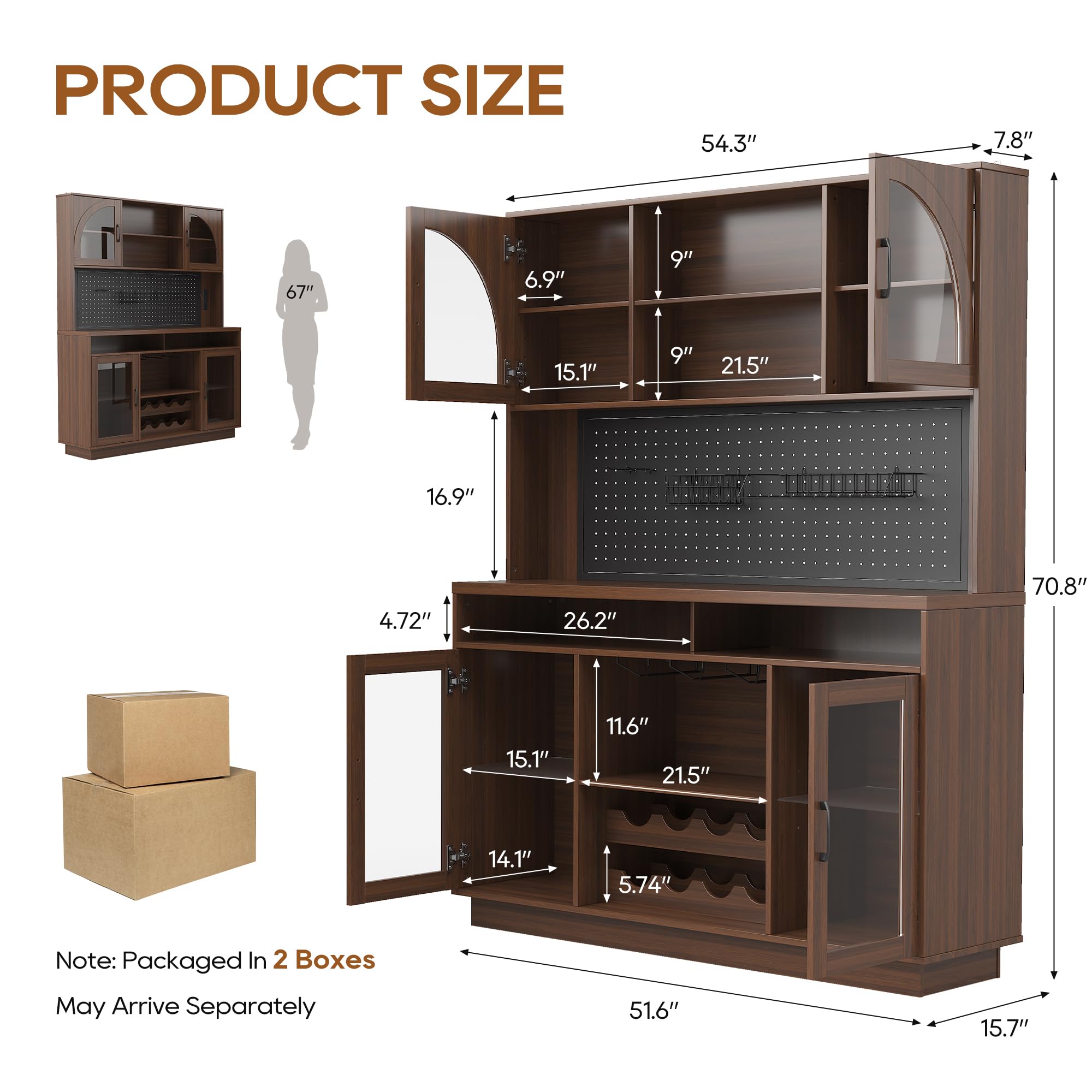 IPKIG 71" Kitchen Pantry Cabinet with Charging Station, Kitchen Hutch Storage Cabinet with LED Lights, Pantry Organizers and Storage with Anti-Tip Device for Dining Room, Brown