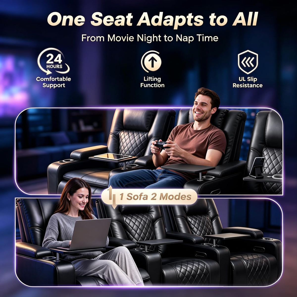 MBBMW Home Theater Seating, 5 Seat Power Recliner Sofa, Large Faux Leather Movie Couch with Adjustable Headrest, Ambient LED Lighting, USB Ports, Cup Holders and Hidden Arm Storage for Living Room
