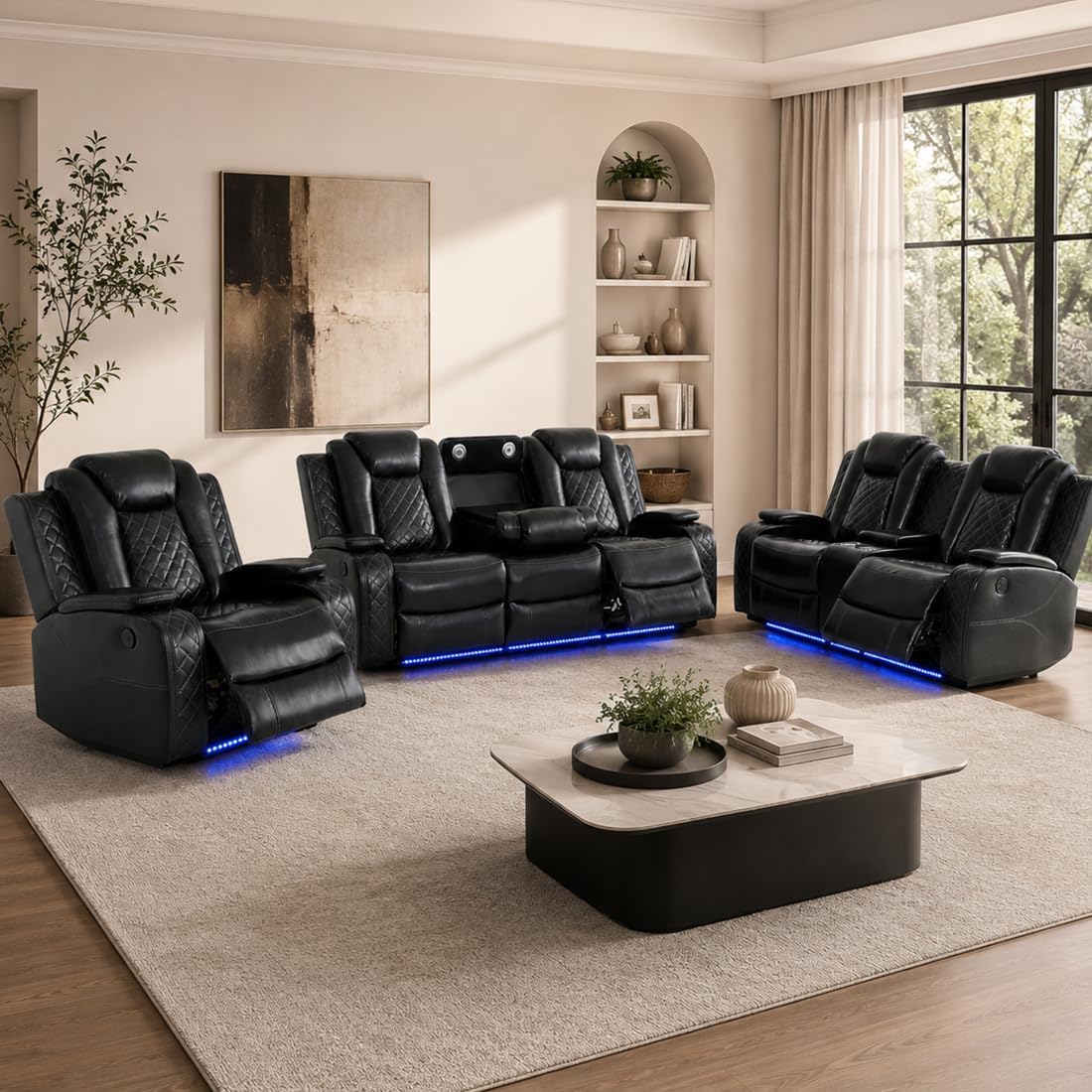 Puduvir Power Reclining Sectional Sofa for Living Room, 3 Pieces Leather Recliner Sofa Set with USB Ports, LED Light, Wireless Charger & Storage Console, Living Room Furniture with Home Theater Seat
