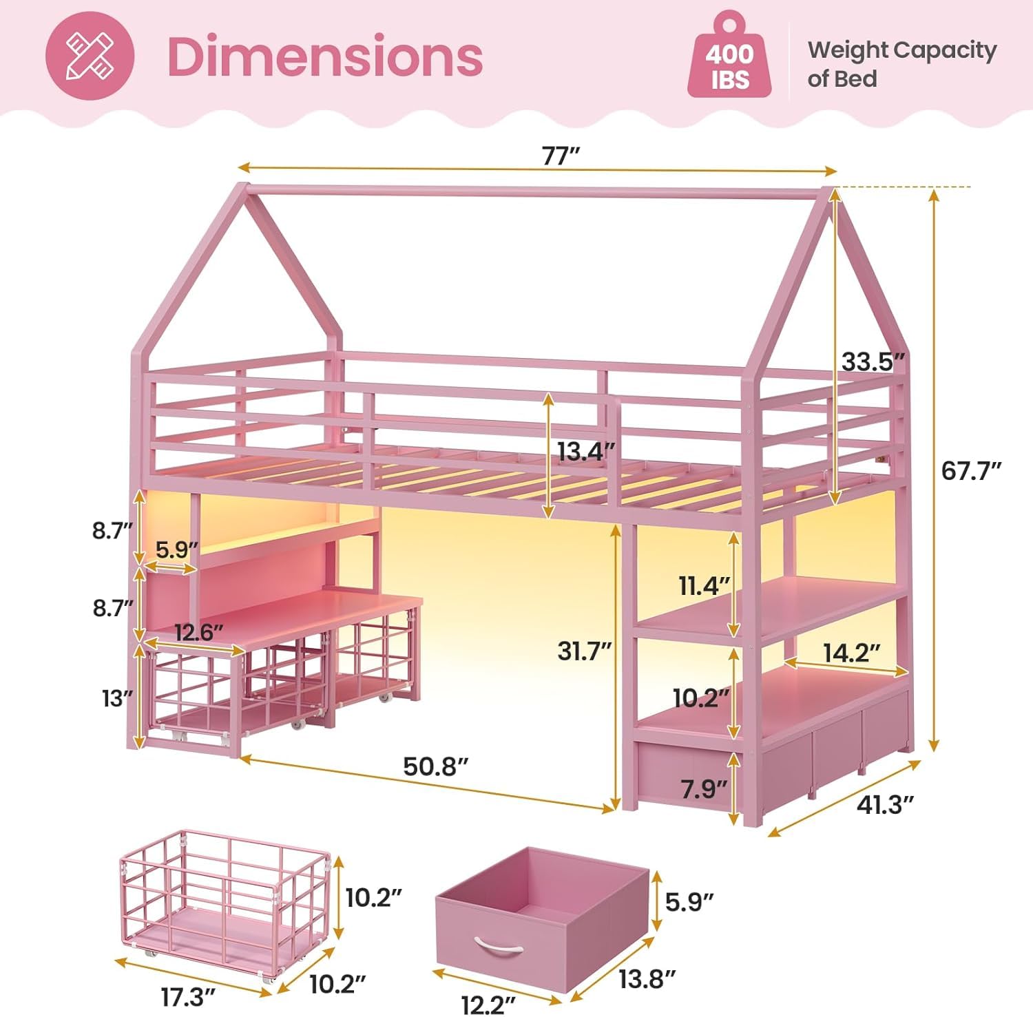 Twin Kids Loft Bed with Storage & LED Lights